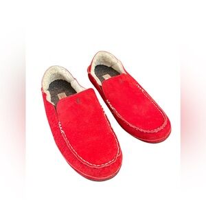 OluKai Nohea Slipper Cherry Red Suede Leather Sheerling Lined 8 EU 38